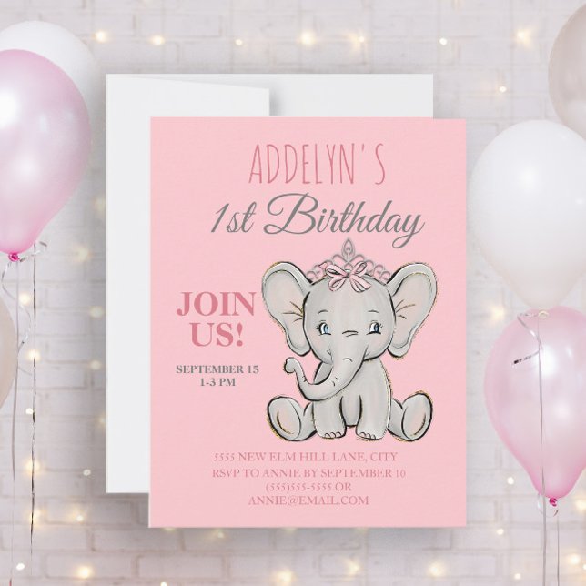 Cute Princess Elephant Little Girl's 1st Birthday Inbjudningar (Skapare uppladdad)
