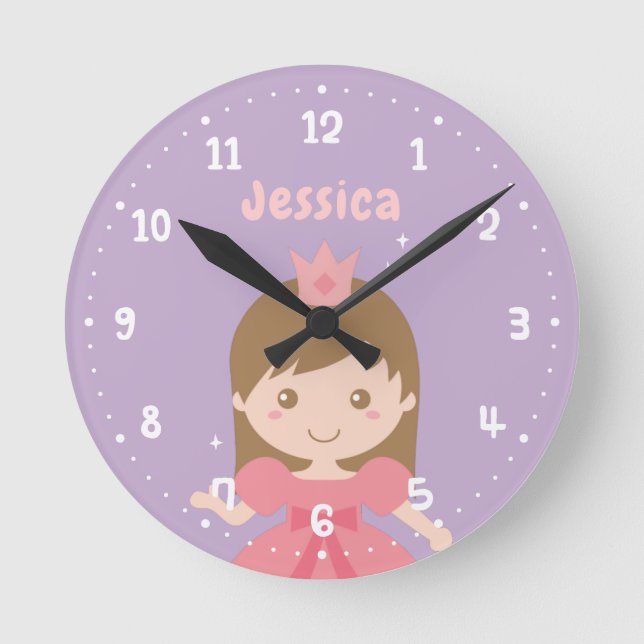 Cute Princess i Rosa Girls Room Decor Clock Rund Klocka (Framsida)