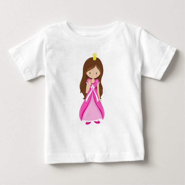 Cute Princess, Krona, Brown Hair, Rosa Dress T Shirt (Framsida)