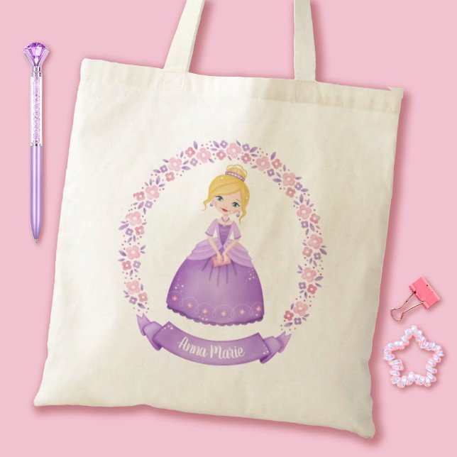 Cute Princess Lila Personlig Tygkasse (A cute girls purple princess personalized tote bag. Personalize it with your girls name.)