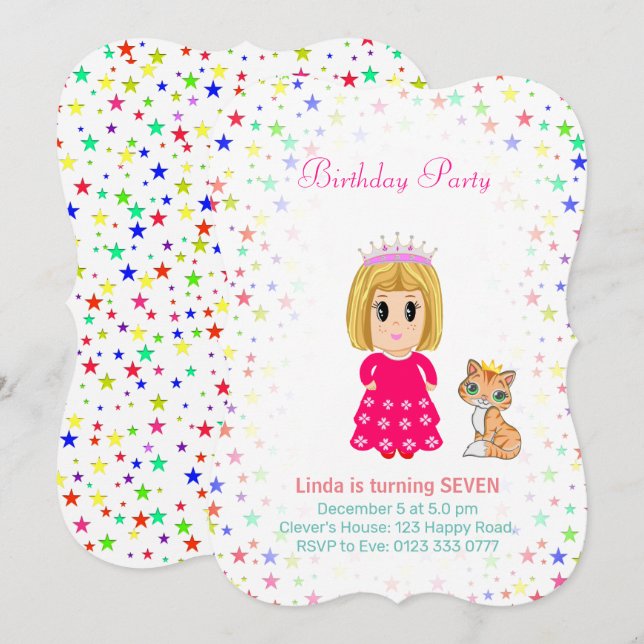 Cute Princess med Kattunge 7:e Birthday Invati Inbjudningar (Fram/baksida)