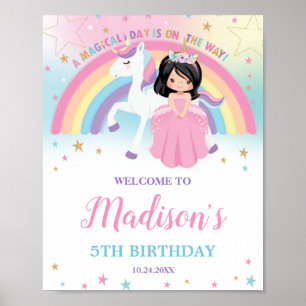Cute Princess och Unicorn Birthday Rainbow Welcome Poster