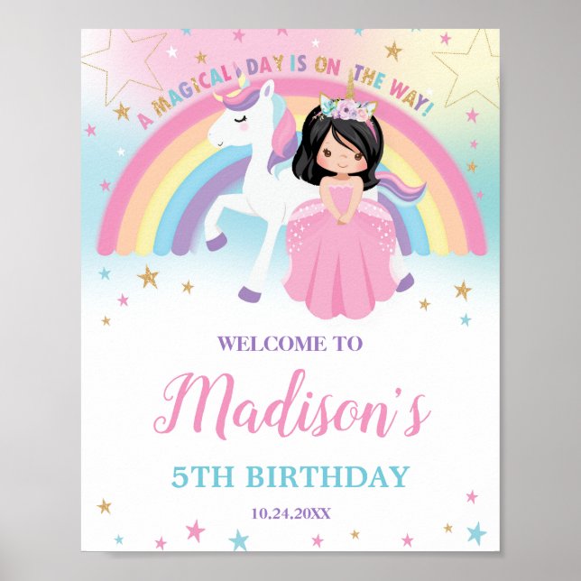 Cute Princess och Unicorn Birthday Rainbow Welcome Poster (Framsidan)