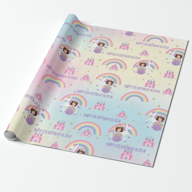 Cute Princess och Unicorn Rainbow Birthday Anpassn Presentpapper (Utrullad)