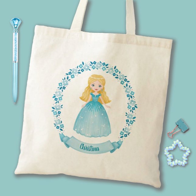 Cute Princess Rosa Personlig Tygkasse (A cute blue girls Princess tote bag. Personalize it with your girls name for a special gift.)