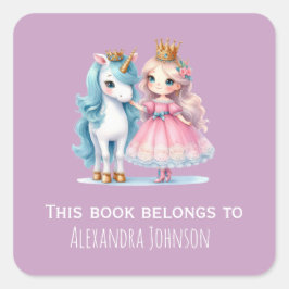 Cute Princess Unicorn Detta Bok Tillhör Lila  Fyrkantigt Klistermärke