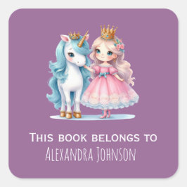 Cute Princess & Unicorn Lavender Kids Labels Fyrkantigt Klistermärke