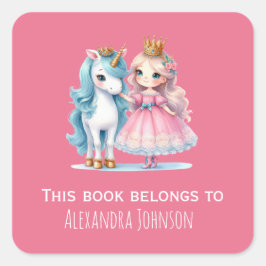 Cute Princess & Unicorn Rosa Kids Labels Fyrkantigt Klistermärke