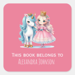 Cute Princess & Unicorn Rosa Kids Labels Fyrkantigt Klistermärke