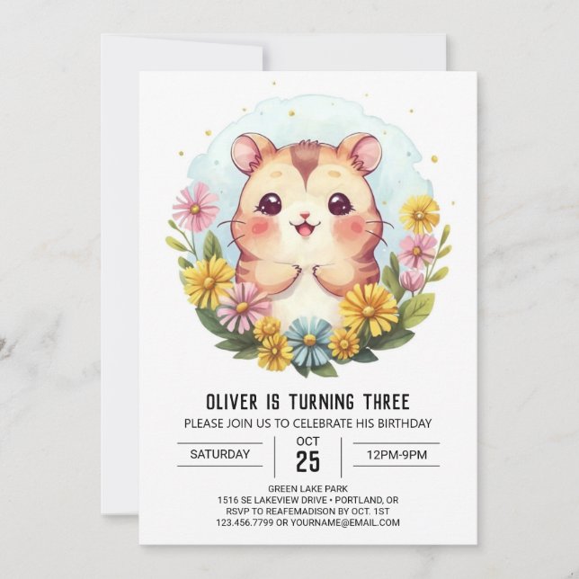 Cute Printable Hamster Birthday Inbjudningar (Framsida)