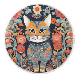 Cute Psychedelic Cat, Flowers, Tapestry Knopp