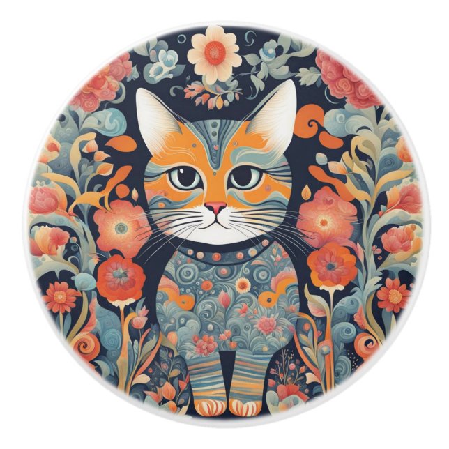 Cute Psychedelic Cat, Flowers, Tapestry Knopp (Framsidan)
