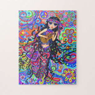 Cute Psychedelic Hippie Sjöjungfru Girl Guitar Pussel