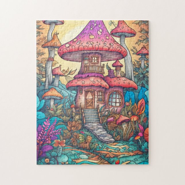 Cute Psychedelic Mushroom House Illustration Pussel (Vertikal)
