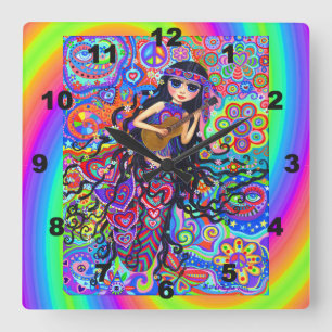 Cute Psychedelie Hippie Sjöjungfru Girl Chick Gui Fyrkantig Klocka