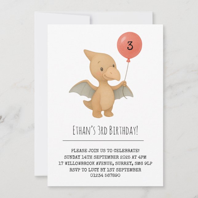 Cute Pterodactyl Holding Rosa Balloon Birthday Inbjudningar (Framsida)