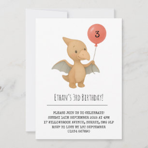 Cute Pterodactyl Holding Rosa Balloon Birthday Inbjudningar