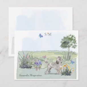 Cute Pudel Butterfly Meadow Monogram & Namn Anteckningskort