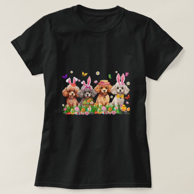 Cute Pudel Hundar med Bunny Öron Egg Basket Påsk T Shirt (Design framsida)