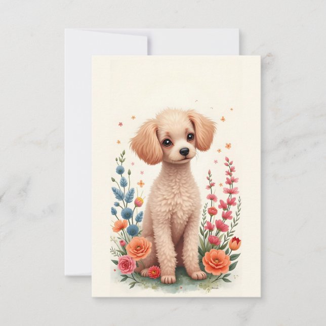 Cute Pudel och Folk Art Note Card Tack Kort (Framsida)