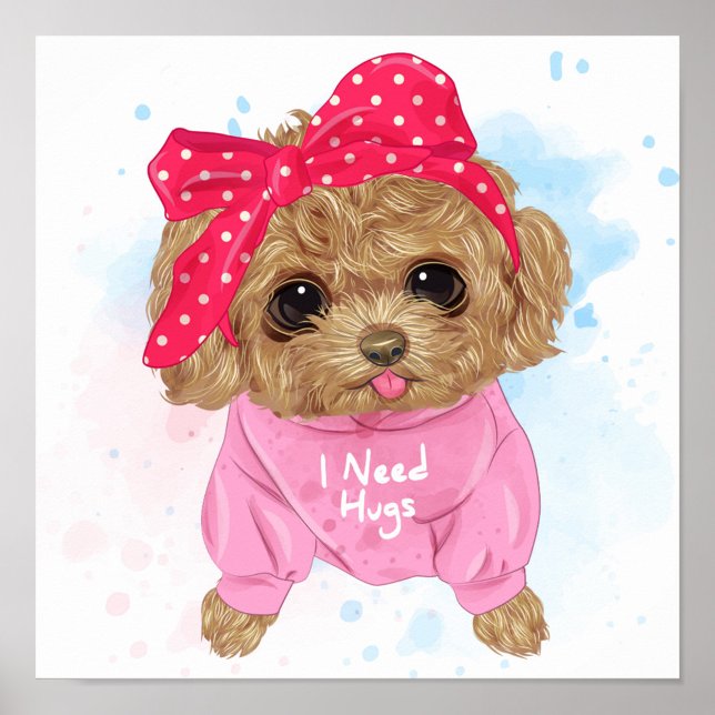 Cute Pudel Poster (A cartoon-style illustration features a cute, brown, fluffy puppy wearing a pink polka-dotted.)
