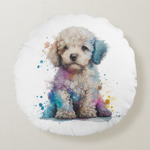 Cute Pudel Puppy Watercolor Art Rund Kudde