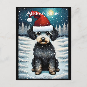 Cute Pudel Snowy Meadow Santa Puppy Helgdag Vykort