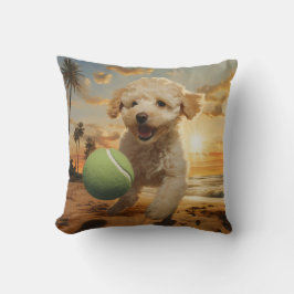 🐕 Cute pudel valp med Tennis bollar på strand Kudde