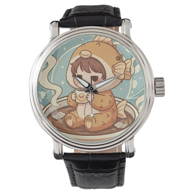 Cute Puffer Fish Coffee & Reading Art Armbandsur (Framsida)