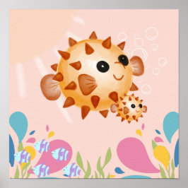Cute puffer fish in rosa Sea Stage. Poster