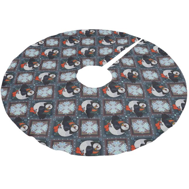 Cute Puffin Birds Winter Mönster Julgransmatta Borstad Polyester (Vinklad)
