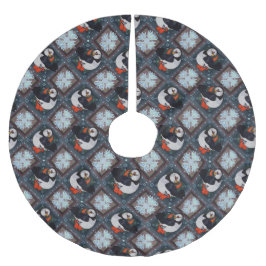 Cute Puffin Birds Winter Mönster Julgransmatta Borstad Polyester