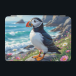 Cute Puffin on the Seashore themed   iPad Mini Skydd<br><div class="desc">A puffin themed iPad cover. A beautiful vibrant colorful ai illustration of a puffin watching the ocean waves by the sea shore surrounded by rocks,  dunes and flowers.</div>