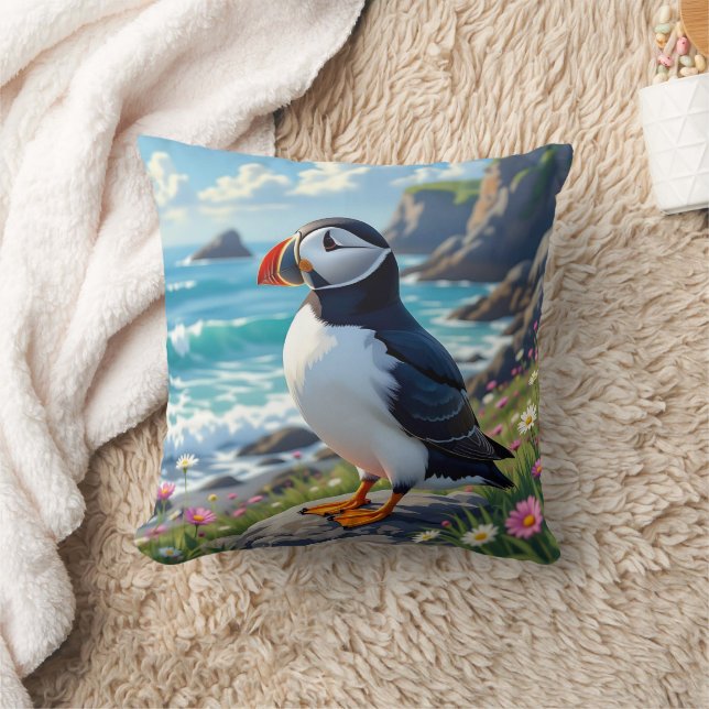 Cute Puffin on the Seashore themed   Kudde (Filt)