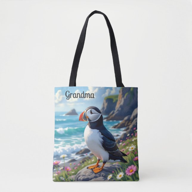 Cute Puffin on the Seashore themed Personalized Tygkasse (Framsida)