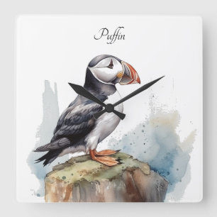 Cute Puffin på sten i vattenfärg Fyrkantig Klocka