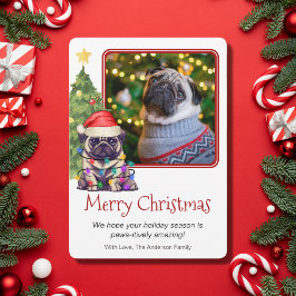 Cute Pug and Julgran Pet Hund One Photo Julkort