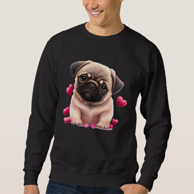 Cute Pug and Rosa Heart Valentine Day 2023 Lång Ärmad Tröja (Framsida)