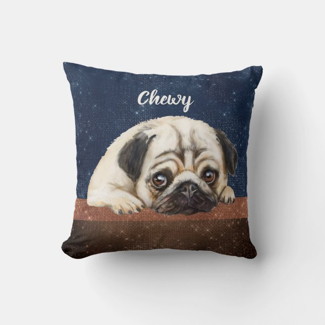 Cute Pug anpassningsbar text blåbrun modern Kudde (Framsida)