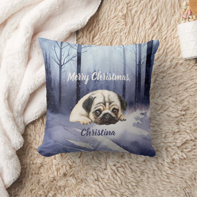 Cute Pug anpassningsbar text Winter Forest Edition Kudde (Filt)