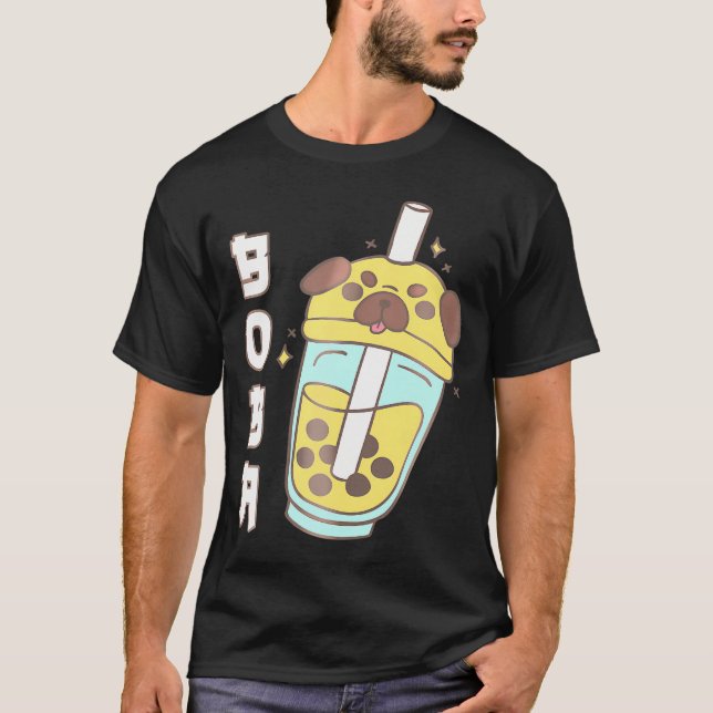 Cute Pug Boba Tea Kawaii Anime Japansk Rolig hund T Shirt (Framsida)