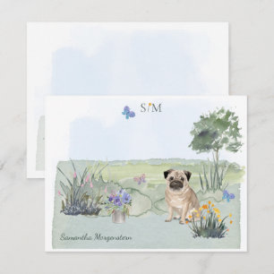 Cute Pug Butterfly Meadow Monogram & Namn Anteckningskort