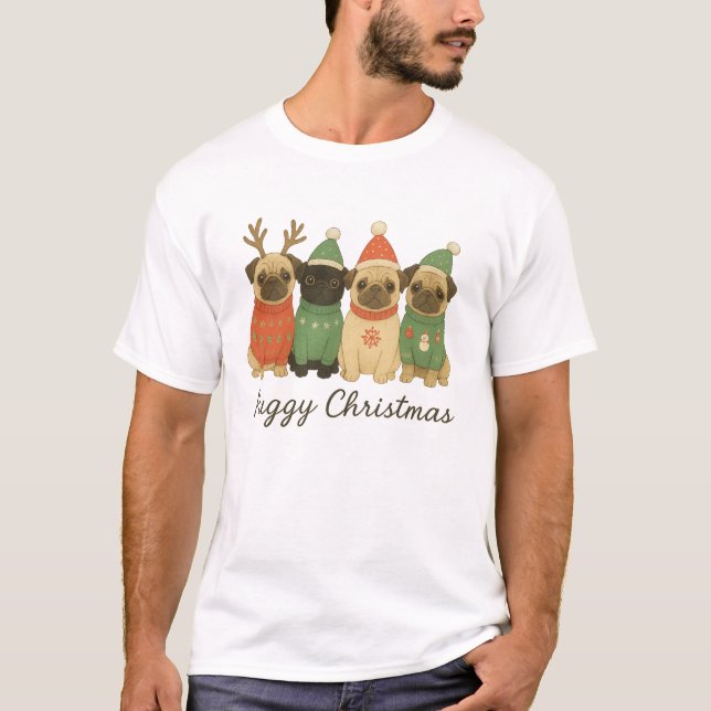 Cute Pug Christmas Illustration in Festive Sweater T Shirt (Framsida)