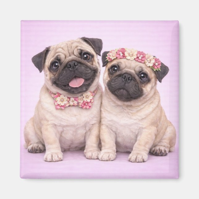 Cute Pug Couple Valentine Illustration  Magnet (Framsidan)