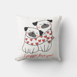 Cute Pug Couple with Hearts Illustration Kudde