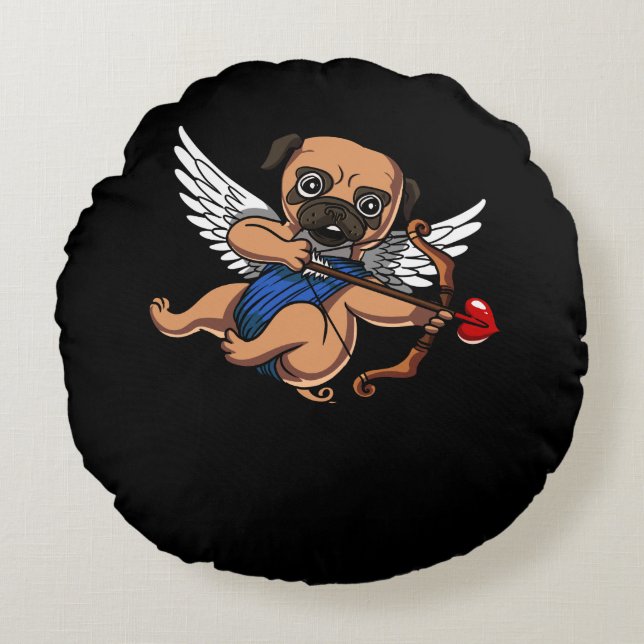 Cute Pug Cupid Hund Rund Kudde (Framsidan)