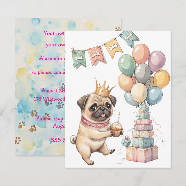 Cute Pug Digital Download Party Invitation Inbjudningar (Fram/baksida)