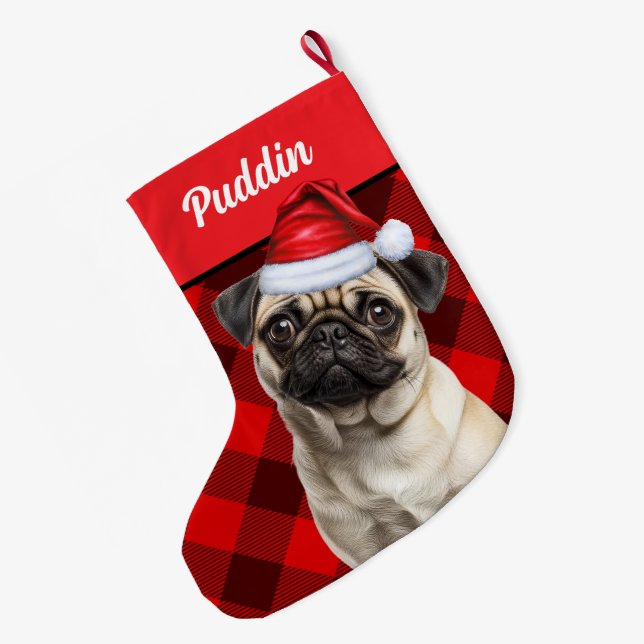 Cute Pug Dog Red Buffalo Plaid Custom Stor Julstrumpa (Baksidan (Hängande))
