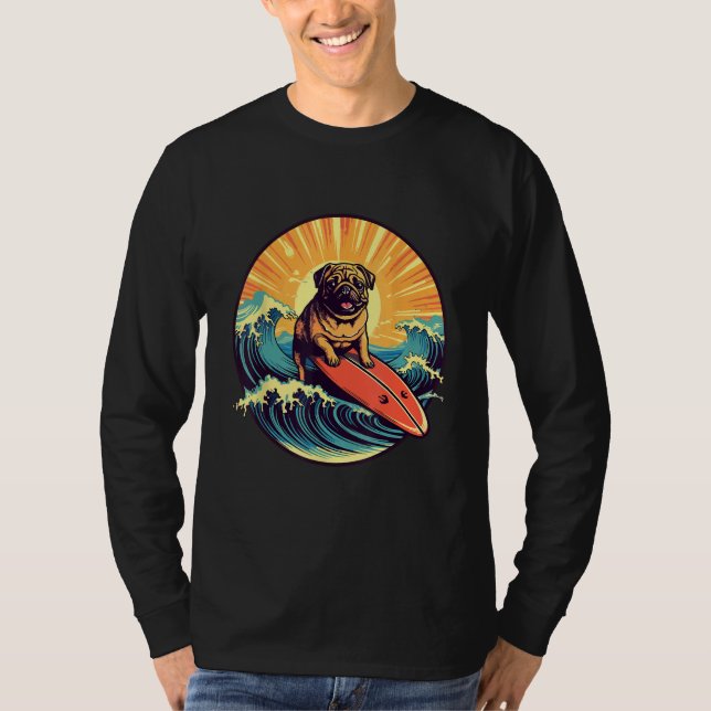Cute Pug Dog Surfing Japanese Great Waves Surf Boa T Shirt (Framsida)