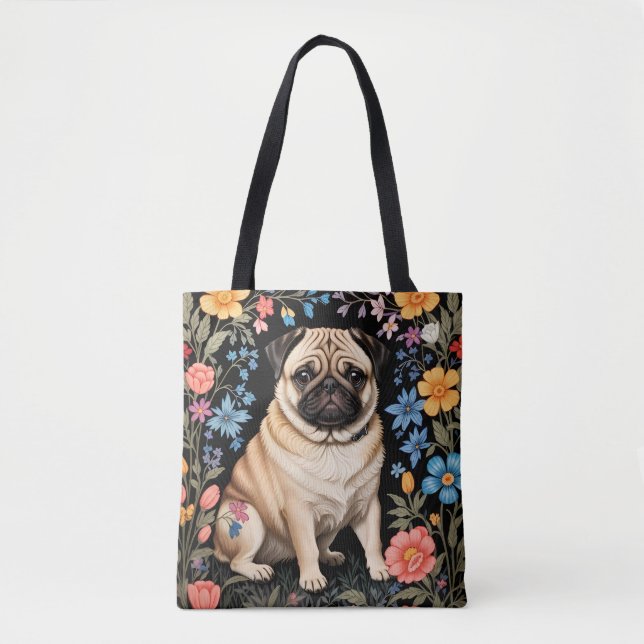 Cute Pug Elegant Colorful Floral Tygkasse (Framsida)